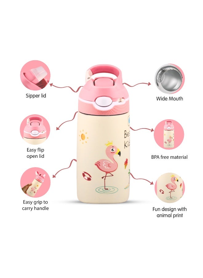 BrainGiggles Stainless Steel Kids Water Bottle with Straw & Handle - Leakproof BPA Free Flask for Baby – 400 ml Water Bottle for Kids and Toddlers | Kids Water Bottle for School(Pink) - Image 4