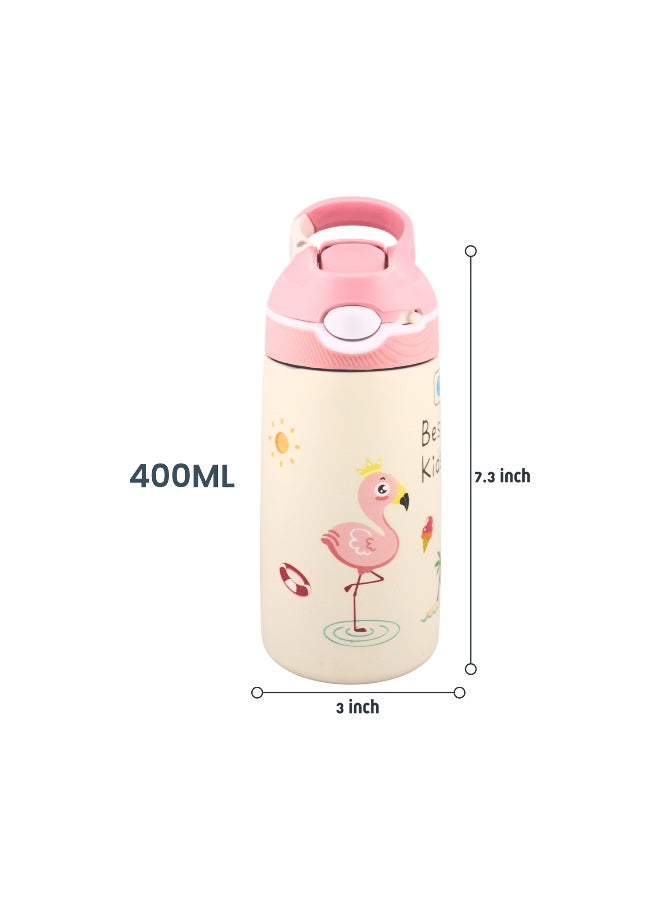 BrainGiggles Stainless Steel Kids Water Bottle with Straw & Handle - Leakproof BPA Free Flask for Baby – 400 ml Water Bottle for Kids and Toddlers | Kids Water Bottle for School(Pink) - Image 2