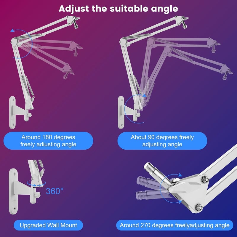 AceTaken White Microphone Boom Arm Wall Mount Holder for Broadcasting and Streaming - Image 2