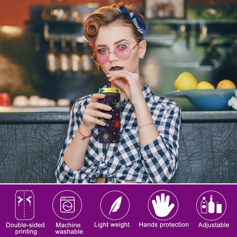 Zhehao 16 Pcs Halloween Can Cooler Sleeves Skinny Skull Bottle Cooler Neoprene Insulated Adult Halloween Party Favors Pumpkin Cat Spider Gift Alcohol Holder Beverage for Party Supplies (Stylish Style) - Image 4