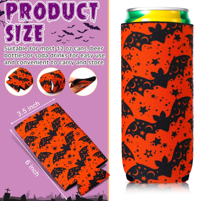Zhehao 16 Pcs Halloween Can Cooler Sleeves Skinny Skull Bottle Cooler Neoprene Insulated Adult Halloween Party Favors Pumpkin Cat Spider Gift Alcohol Holder Beverage for Party Supplies (Stylish Style) - Image 2