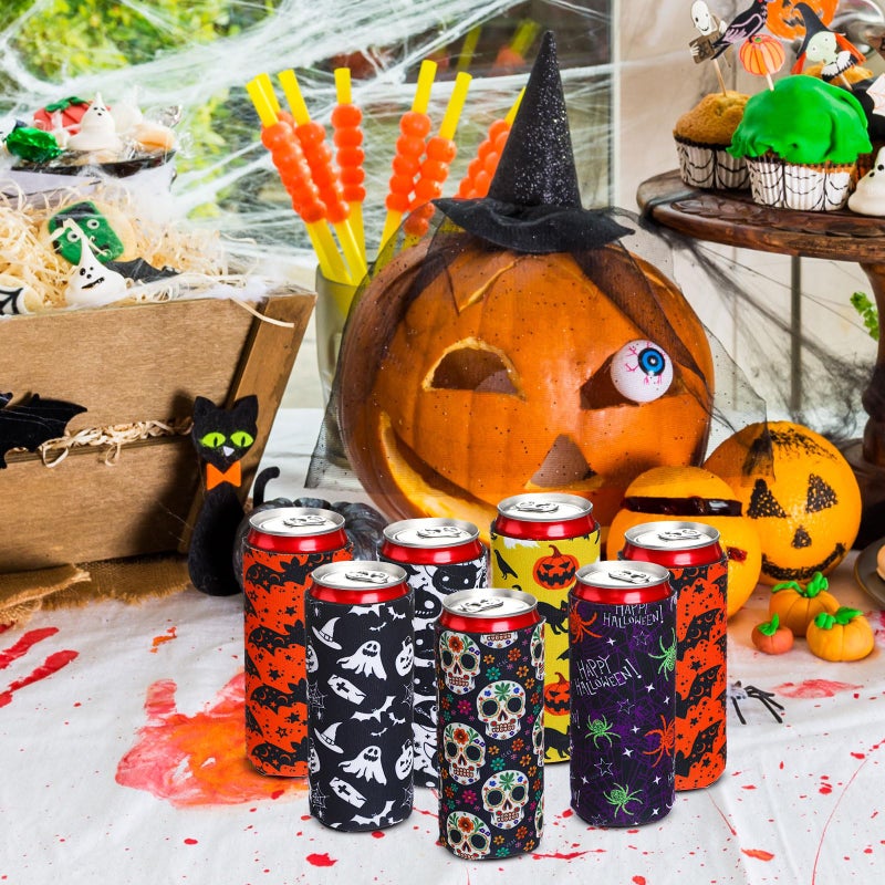 Zhehao 16 Pcs Halloween Can Cooler Sleeves Skinny Skull Bottle Cooler Neoprene Insulated Adult Halloween Party Favors Pumpkin Cat Spider Gift Alcohol Holder Beverage for Party Supplies (Stylish Style) - Image 3