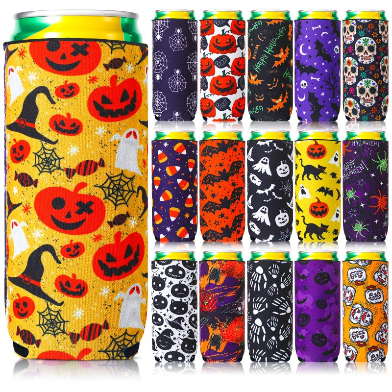 Zhehao 16 Pcs Halloween Can Cooler Sleeves Skinny Skull Bottle Cooler Neoprene Insulated Adult Halloween Party Favors Pumpkin Cat Spider Gift Alcohol Holder Beverage for Party Supplies (Stylish Style) - Image 1