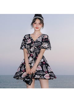 Swimwear Womens 2024 Skirt-style one-piece Boxers Conservative Belly Covering Slimming Plus Size Chubby M Swimsuit Hot Springs8467 with 2309 Black 8467 with 2309 Black