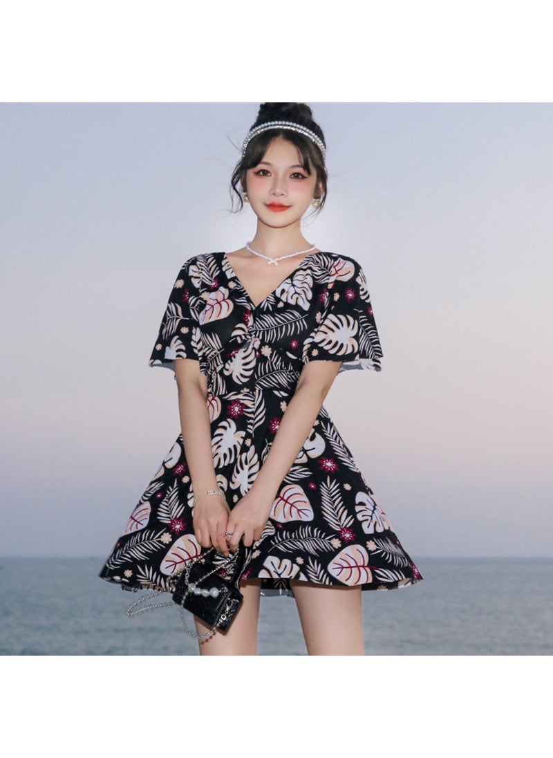 Generic - Swimwear Womens 2024 Skirt-style one-piece Boxers Conservative Belly Covering Slimming Plus Size Chubby M Swimsuit Hot Springs8467 with 2309 Black 8467 with 2309 Black - Image 1