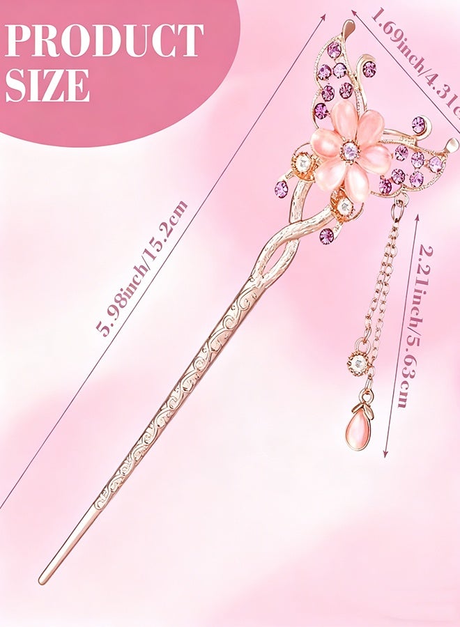 Happy D Butterfly Metal Hair StickMetal Hair Stick 3-Piece SetVintage Hair StickRetro Chinese Hair Stick with TasselsHair Stick Embellished with Rhinestone FlowersHair Accessory Hair Stick - Image 5