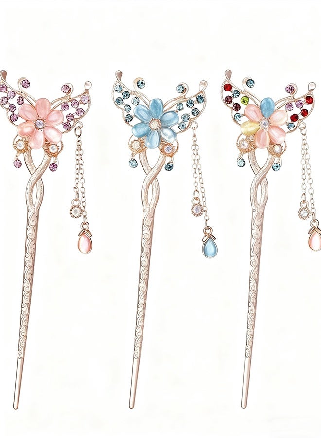 Happy D Butterfly Metal Hair StickMetal Hair Stick 3-Piece SetVintage Hair StickRetro Chinese Hair Stick with TasselsHair Stick Embellished with Rhinestone FlowersHair Accessory Hair Stick - Image 1