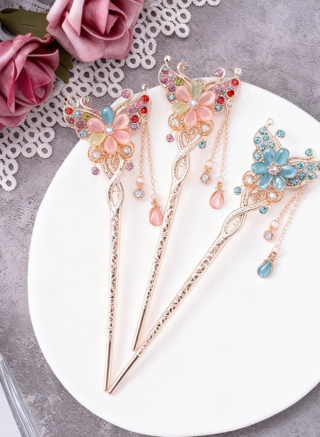 Happy D Butterfly Metal Hair StickMetal Hair Stick 3-Piece SetVintage Hair StickRetro Chinese Hair Stick with TasselsHair Stick Embellished with Rhinestone FlowersHair Accessory Hair Stick - Image 2