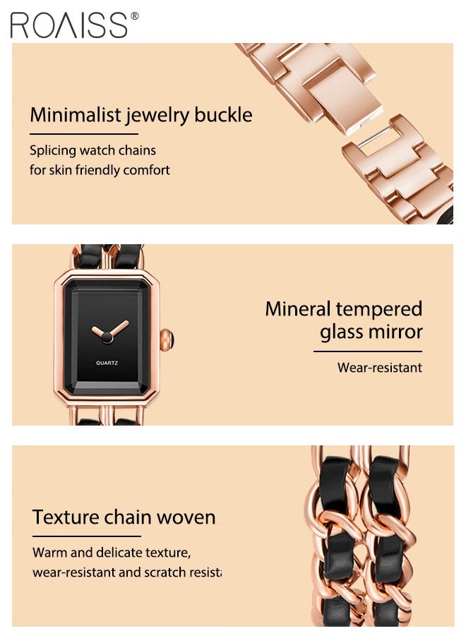 roaiss - Women's Chain Braided Strap Quartz Watch Analog Display Rectangle Dial Waterproof Elegant Wristwatch as Gift for Ladies, Rose Gold Black - Image 1