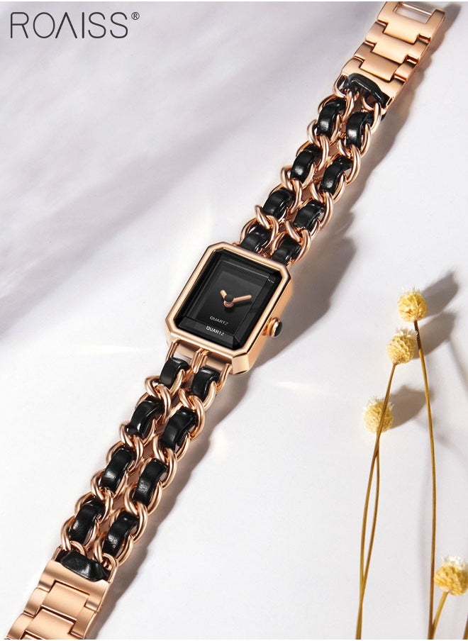 roaiss - Women's Chain Braided Strap Quartz Watch Analog Display Rectangle Dial Waterproof Elegant Wristwatch as Gift for Ladies, Rose Gold Black - Image 1