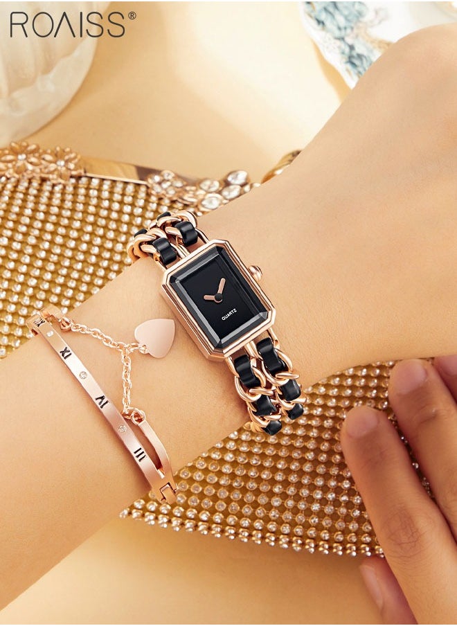roaiss - Women's Chain Braided Strap Quartz Watch Analog Display Rectangle Dial Waterproof Elegant Wristwatch as Gift for Ladies, Rose Gold Black - Image 1