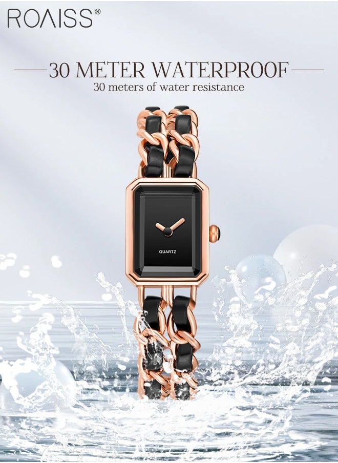 roaiss - Women's Chain Braided Strap Quartz Watch Analog Display Rectangle Dial Waterproof Elegant Wristwatch as Gift for Ladies, Rose Gold Black - Image 1