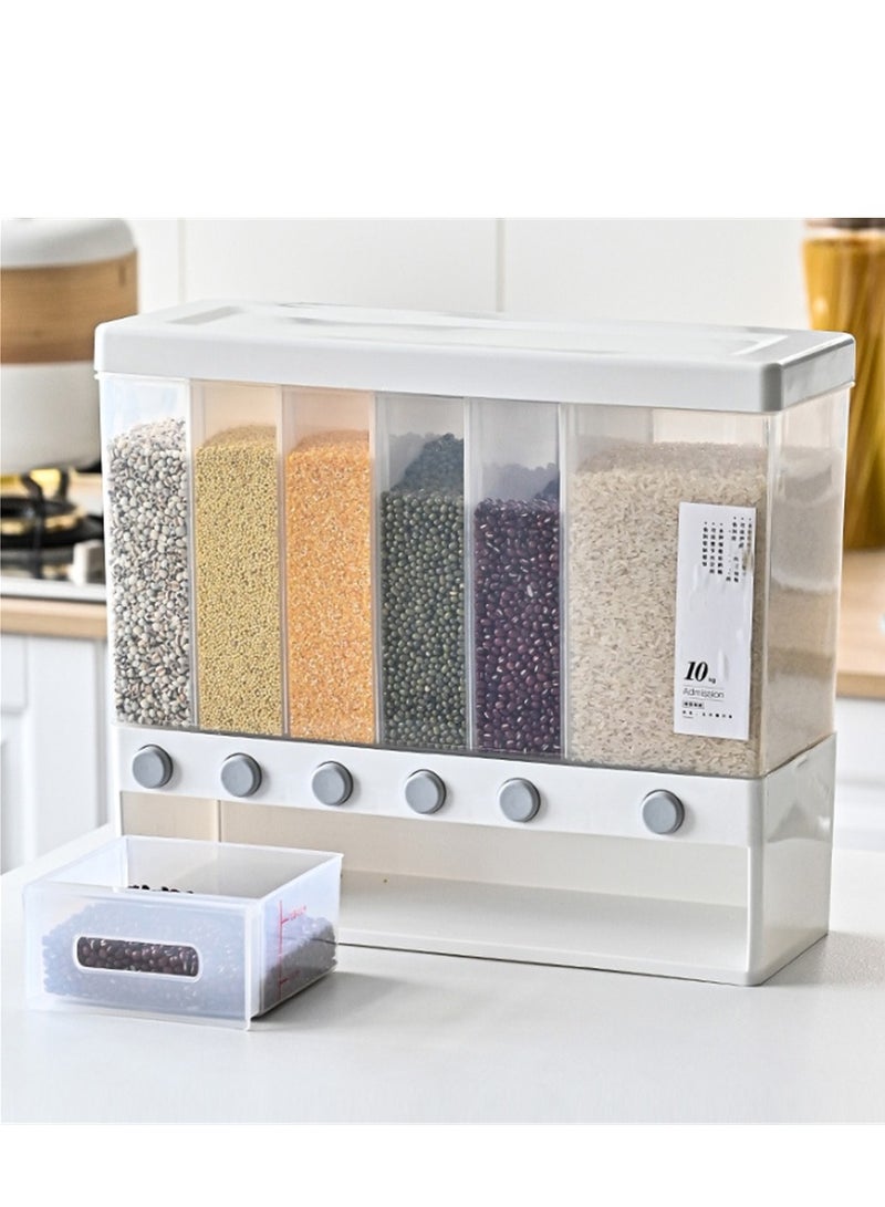 Rice Dispenser, Dry Food Multifunctional Container with 6 Grid, One-Click Output Household Food Storage Container, Kitchen Supplies Grain Storage Organizer (White) - Image 1