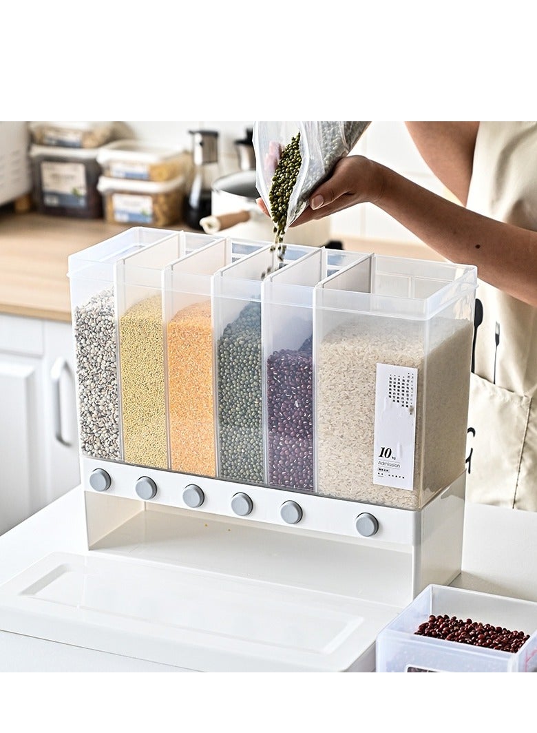 Rice Dispenser, Dry Food Multifunctional Container with 6 Grid, One-Click Output Household Food Storage Container, Kitchen Supplies Grain Storage Organizer (White) - Image 2