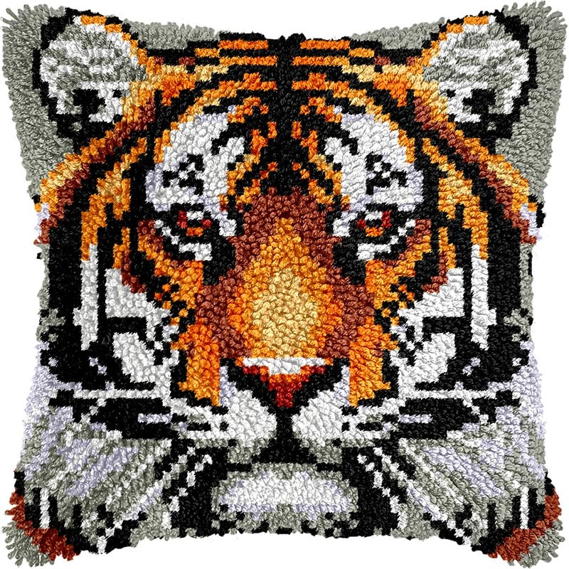 Veirousa Tiger Latch Hook Kits For Adults Beginners  Animal Latch Hook Pillow Kit Pre-Printed Latch Hook Rug Kits Craft Cushion Set For Home Sofa Decoration 17X17 In. Handmade Gift - Image 1
