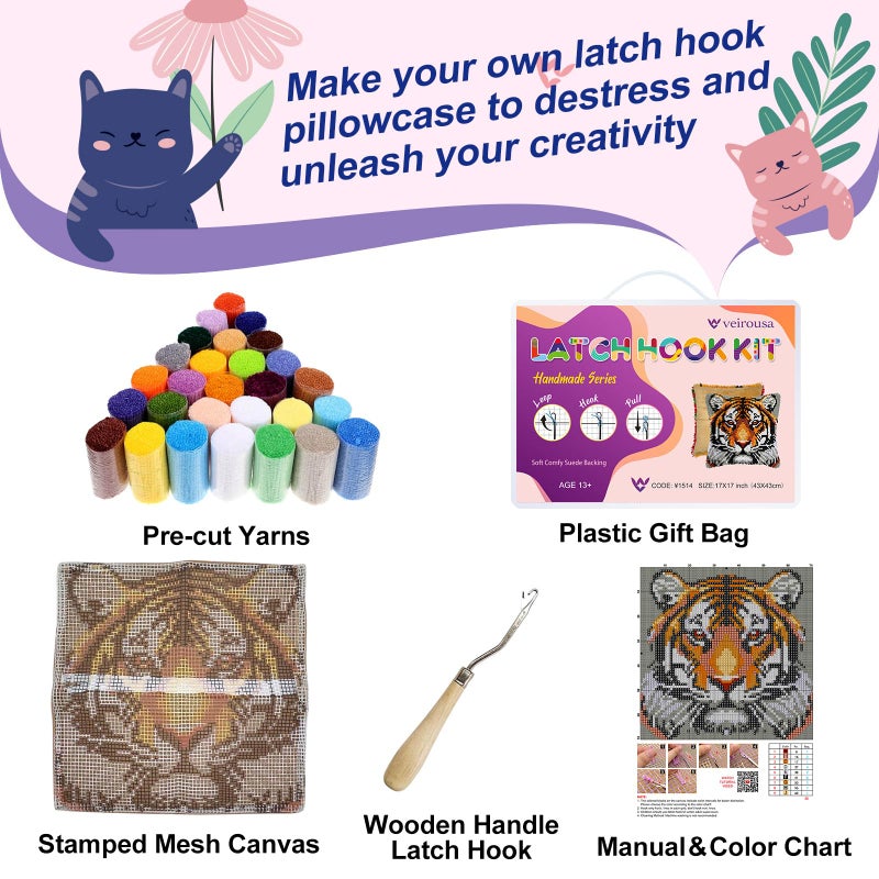 Veirousa Tiger Latch Hook Kits For Adults Beginners  Animal Latch Hook Pillow Kit Pre-Printed Latch Hook Rug Kits Craft Cushion Set For Home Sofa Decoration 17X17 In. Handmade Gift - Image 2