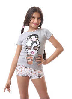 Andora Round Neck Girls Short Pajama Set With Coffee Patterns - Grey & Beige  - Image 5
