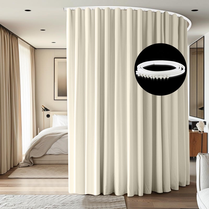 cbsroro Room Divider Ceiling Mounted Curtains Track Sets Extra Wide Blackout Curtain Flexible Tracks for Bedroom Privacy Partition Separator, 1 Panel Beige Drape and White Rail, W8.3 x H7ft - Image 1