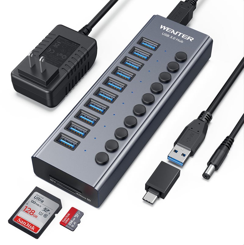 Wenter Powered USB 3.0 Hub, Wenter 10 Ports 36W Powered USB Hub, Aluminum USB Splitter with Individual On/Off Switches, SD/TF Card Readers and 12V/3A Power Adapter for PC/Laptops/MacBook Pro/Air/iMac/iPad - Image 1