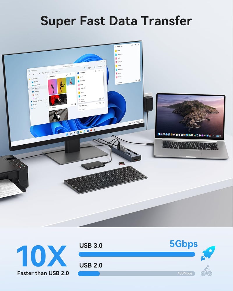 Wenter Powered USB 3.0 Hub, Wenter 10 Ports 36W Powered USB Hub, Aluminum USB Splitter with Individual On/Off Switches, SD/TF Card Readers and 12V/3A Power Adapter for PC/Laptops/MacBook Pro/Air/iMac/iPad - Image 3