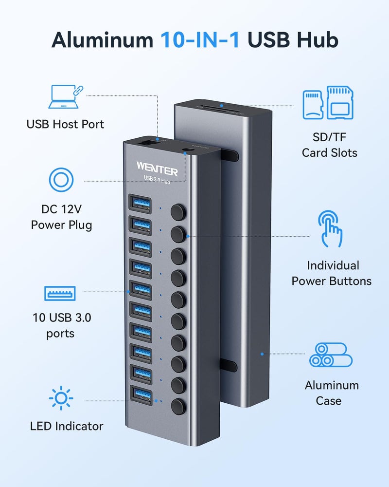 Wenter Powered USB 3.0 Hub, Wenter 10 Ports 36W Powered USB Hub, Aluminum USB Splitter with Individual On/Off Switches, SD/TF Card Readers and 12V/3A Power Adapter for PC/Laptops/MacBook Pro/Air/iMac/iPad - Image 2