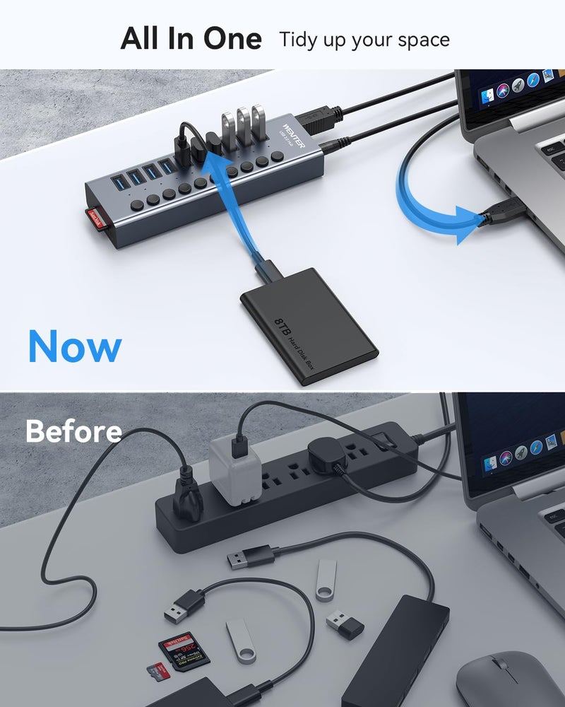 Wenter Powered USB 3.0 Hub, Wenter 10 Ports 36W Powered USB Hub, Aluminum USB Splitter with Individual On/Off Switches, SD/TF Card Readers and 12V/3A Power Adapter for PC/Laptops/MacBook Pro/Air/iMac/iPad - Image 5