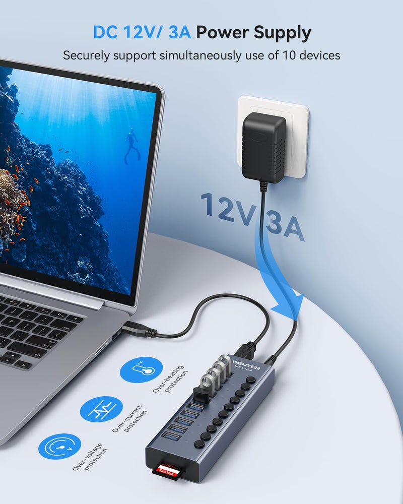 Wenter Powered USB 3.0 Hub, Wenter 10 Ports 36W Powered USB Hub, Aluminum USB Splitter with Individual On/Off Switches, SD/TF Card Readers and 12V/3A Power Adapter for PC/Laptops/MacBook Pro/Air/iMac/iPad - Image 4