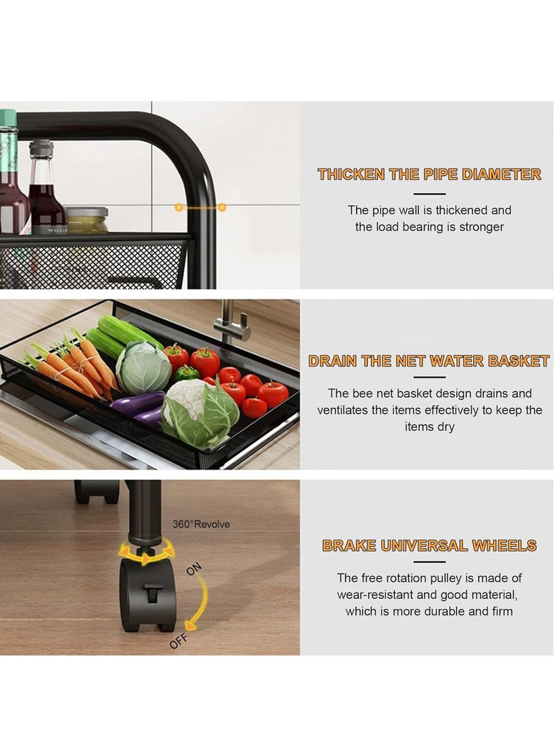 سلة تخزين فاكهة وخضراوات بثلاث طبقات للمطبخ، عربة تخزين دوارة بثلاث طبقات مع عجلات وصندوقين لل، وعاء فاكهة للمطبخ قابل للتكديس، سلة خضراوات سلكية للبصل والبطاطس، لون أسود - Image 5