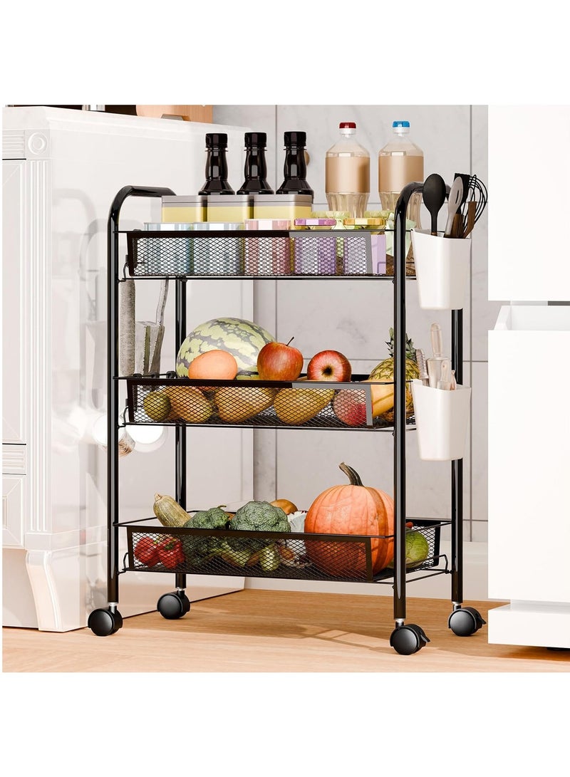 سلة تخزين فاكهة وخضراوات بثلاث طبقات للمطبخ، عربة تخزين دوارة بثلاث طبقات مع عجلات وصندوقين لل، وعاء فاكهة للمطبخ قابل للتكديس، سلة خضراوات سلكية للبصل والبطاطس، لون أسود - Image 1