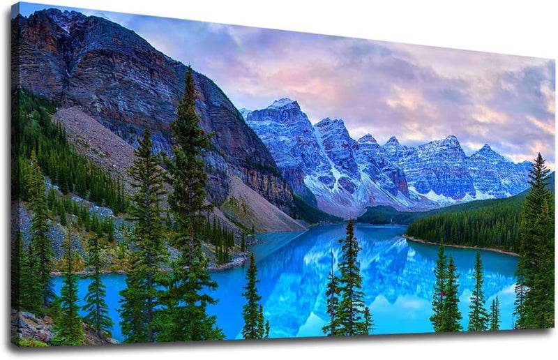 tigeridge Mountain Lake Wall Art Living Room Wall Decor Banff National Park Nature Landscape Canvas Picture Blue Sky Water Forest Canvas Print Artwork for Bedroom Office Home Framed Ready to Hang 20" x 40" - Image 1