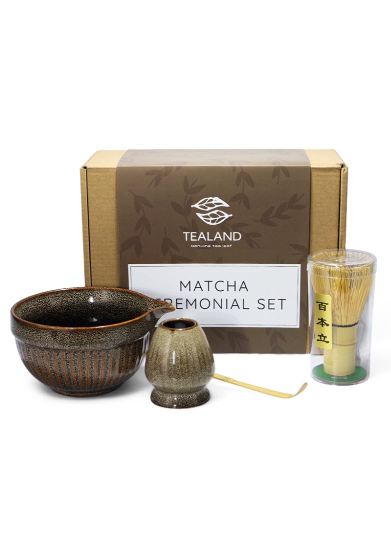تيلاند طقم شاي ماتشا فاخر من تيلاند، طقم ياباني تقليدي من 4 قطع مع خفاقة خيزران، مغرفة خيزران، وعاء سيراميكي وحامل خفاقة سيراميكي، طقم احتفالات متكامل لتحضير شاي ماتشا أصيل. - Image 1