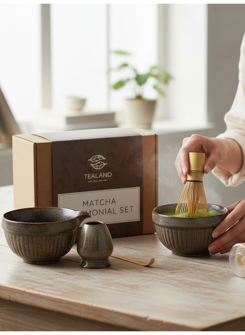 تيلاند طقم شاي ماتشا فاخر من تيلاند، طقم ياباني تقليدي من 4 قطع مع خفاقة خيزران، مغرفة خيزران، وعاء سيراميكي وحامل خفاقة سيراميكي، طقم احتفالات متكامل لتحضير شاي ماتشا أصيل. - Image 2
