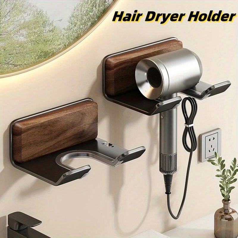 1pc Luxury Walnut Wood And Aluminum Wall Mounted Hair Dryer Holder No Drill Bathroom Storage Rack With Sleek Modern Design Organizer For Blow Dryers And Accessories Minimalist Style - Image 1