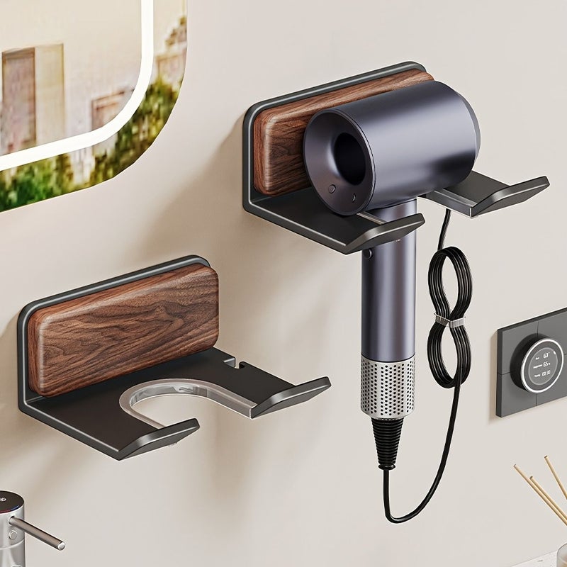 1pc Luxury Walnut Wood And Aluminum Wall Mounted Hair Dryer Holder No Drill Bathroom Storage Rack With Sleek Modern Design Organizer For Blow Dryers And Accessories Minimalist Style - Image 5