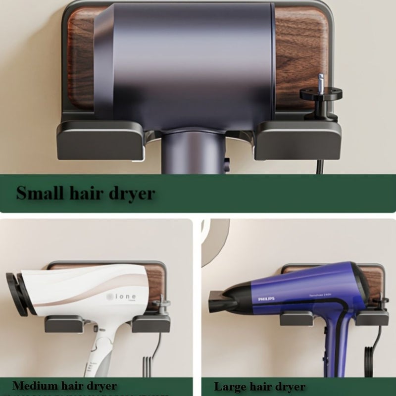 1pc Luxury Walnut Wood And Aluminum Wall Mounted Hair Dryer Holder No Drill Bathroom Storage Rack With Sleek Modern Design Organizer For Blow Dryers And Accessories Minimalist Style - Image 2