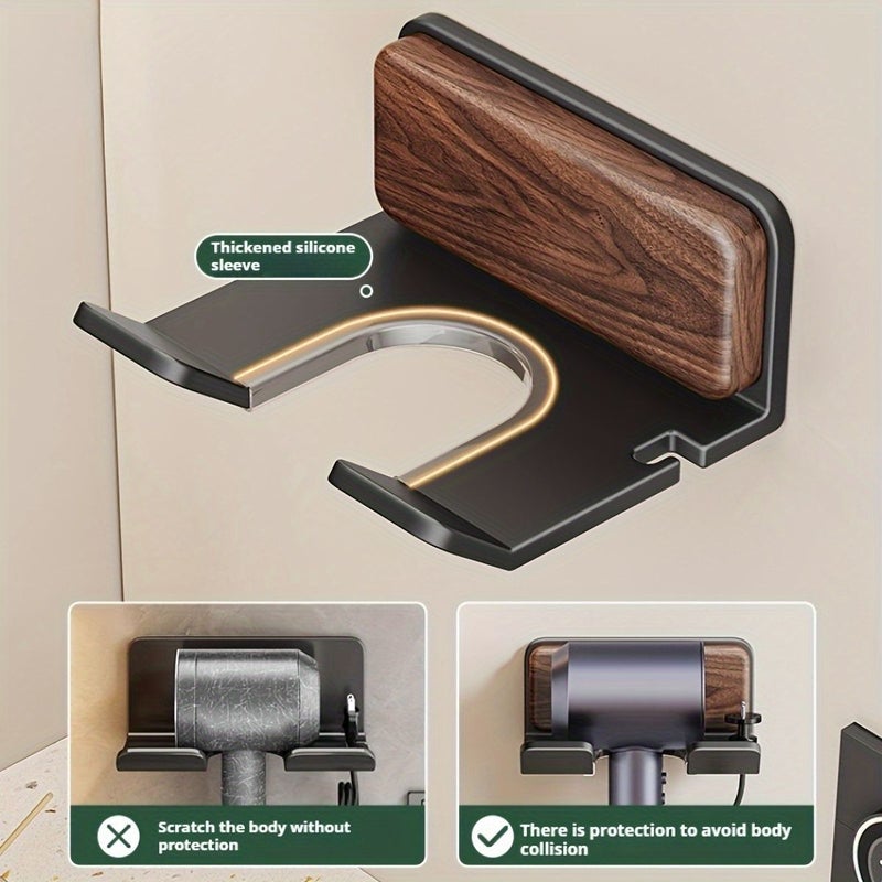 1pc Luxury Walnut Wood And Aluminum Wall Mounted Hair Dryer Holder No Drill Bathroom Storage Rack With Sleek Modern Design Organizer For Blow Dryers And Accessories Minimalist Style - Image 4
