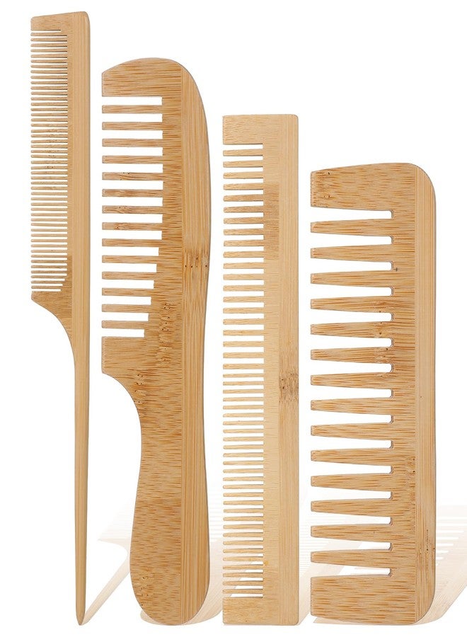 WJIAAA 4Pcs Natural Bamboo Comb Set for Women, 4 Kinds Wooden Comb Anti-Static Wide Tooth Combs for Curls Wavy Hair, Rat Tail Combs Bamboo Hair Brush for Men Beard - Image 1