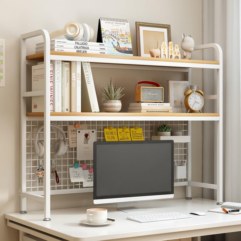 IOTXY 2Tier Desktop Hutch Bookshelf  Metal Desk Shelf Bookcase with Grid Panel Countertop Storage Organizer Rack for Dorm or Office White 453 W