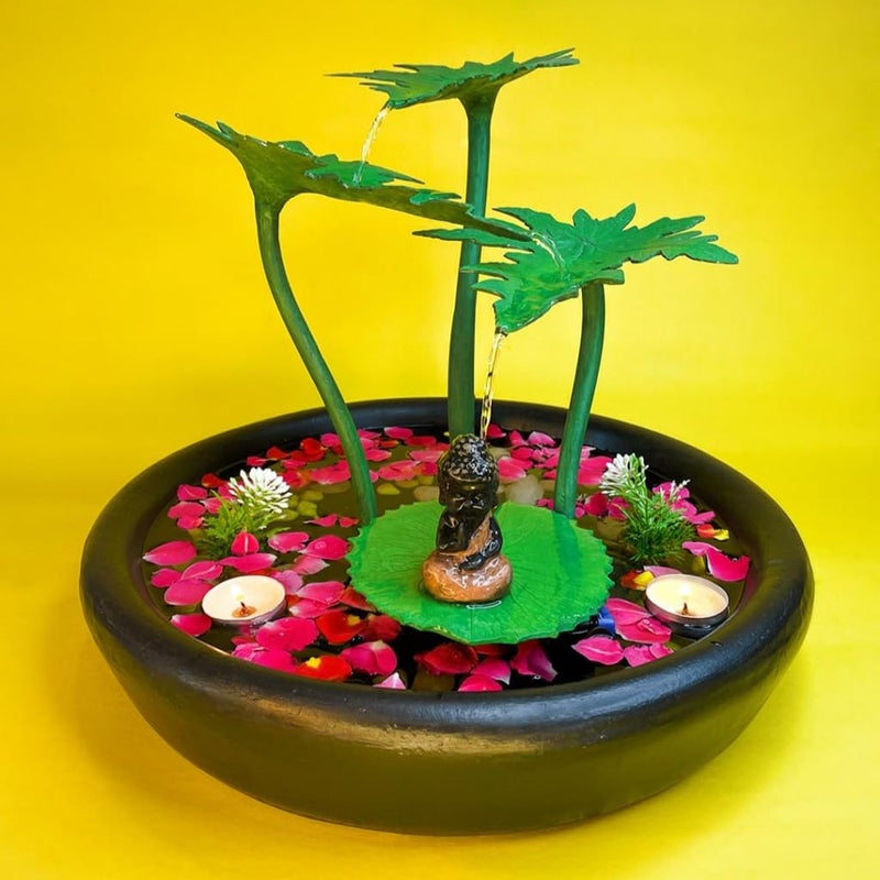 Greymode Elai TableTop Indoor Outdoor Fountain with Cute Buddha Perfect for Home Office Increase Abundant Money Flow Vastu Remedy Pale Yellow Leaf with Free Motor 32 cm 38 cm  - Image 1
