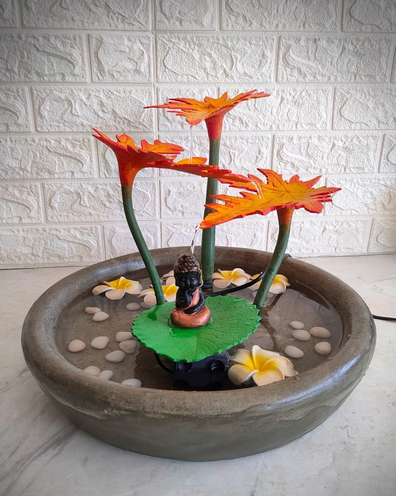 Greymode Elai TableTop Indoor Outdoor Fountain with Cute Buddha Perfect for Home Office Increase Abundant Money Flow Vastu Remedy Pale Yellow Leaf with Free Motor 32 cm 38 cm  - Image 3