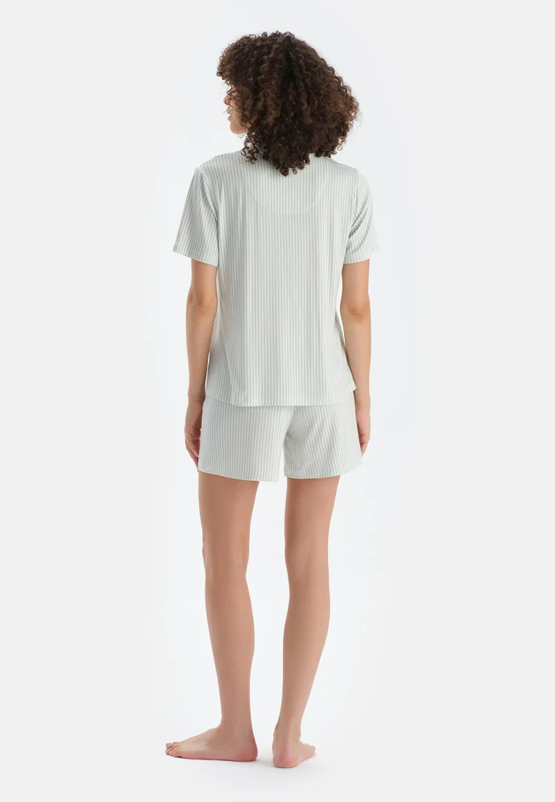 dagi Striped Mid Rise Green Spread Collar Cotton Blend Shirt & Shorts Nightwear Set