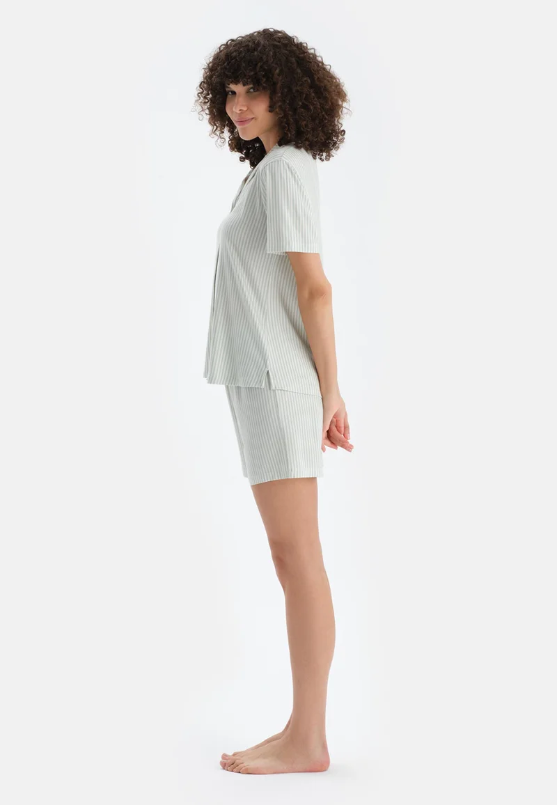 dagi Striped Mid Rise Green Spread Collar Cotton Blend Shirt & Shorts Nightwear Set