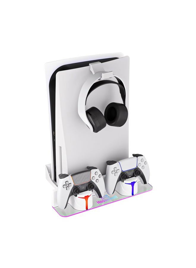 Hosanwell طقم تثبيت على الحائط لجهاز PS5 مع محطة شحن، متوافق مع PS5/PS5 Pro/PS5 Slim النسخة القرصية والرقمية، محطة شحن مزدوجة الاستخدام مع ضوء RGB متعدد الأوضاع، أبيض - Image 1