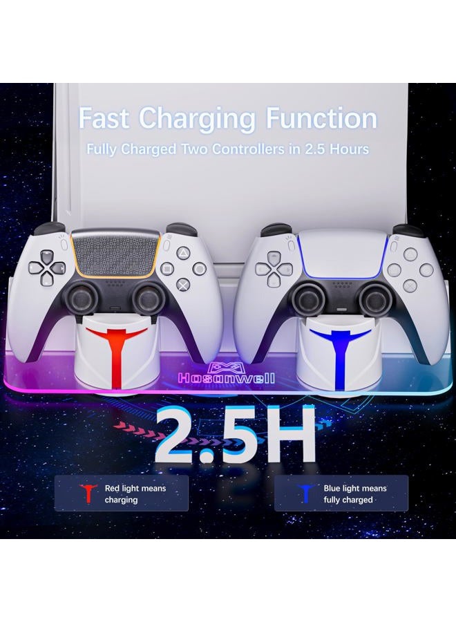 Hosanwell طقم تثبيت على الحائط لجهاز PS5 مع محطة شحن، متوافق مع PS5/PS5 Pro/PS5 Slim النسخة القرصية والرقمية، محطة شحن مزدوجة الاستخدام مع ضوء RGB متعدد الأوضاع، أبيض - Image 2