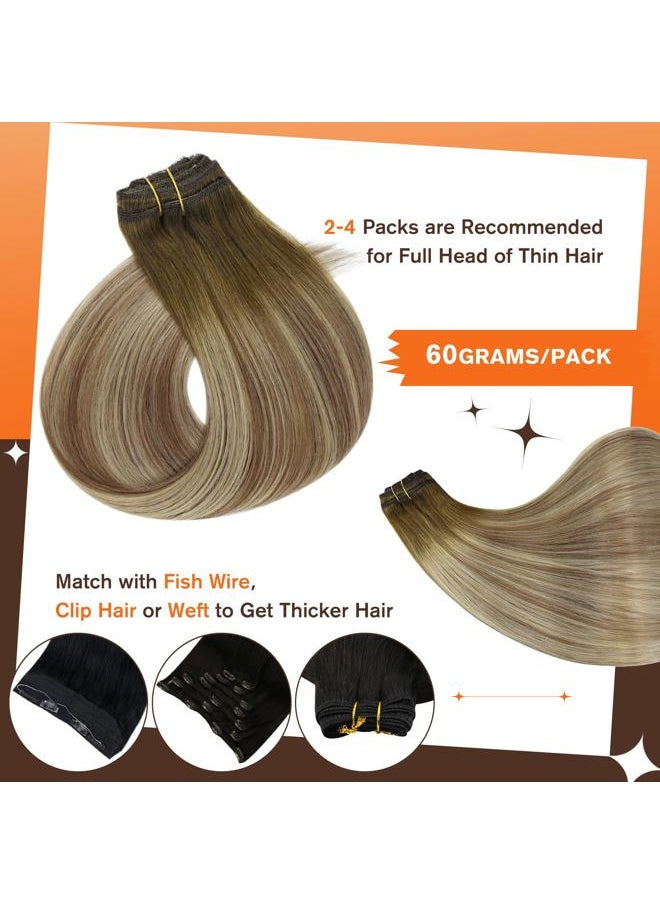 Full Shine Ombre Hair Extensions Clip in Human Hair Dark Brown Roots Ash Brown Mix Medium Blonde Lace Weft Clip in Hair Extensions Balayage Real Human Hair 3Pcs 60 Grams 18 Inch  - Image 3