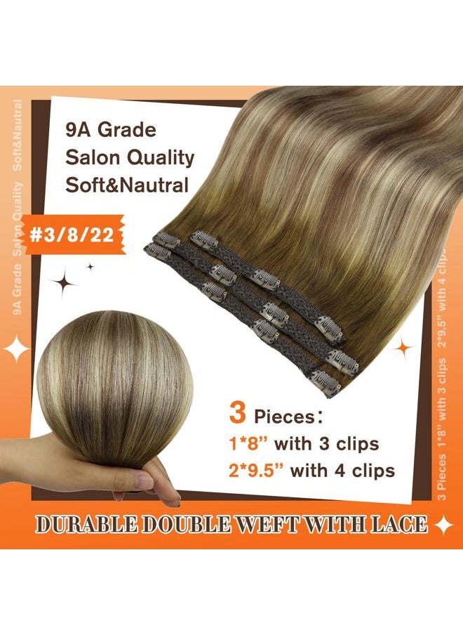 Full Shine Ombre Hair Extensions Clip in Human Hair Dark Brown Roots Ash Brown Mix Medium Blonde Lace Weft Clip in Hair Extensions Balayage Real Human Hair 3Pcs 60 Grams 18 Inch  - Image 2