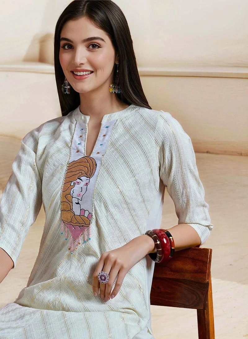 آي شين Women's Off White 100% Cotton Embellished Tunic Full Length Palazzo Straight Fit Kurta Set