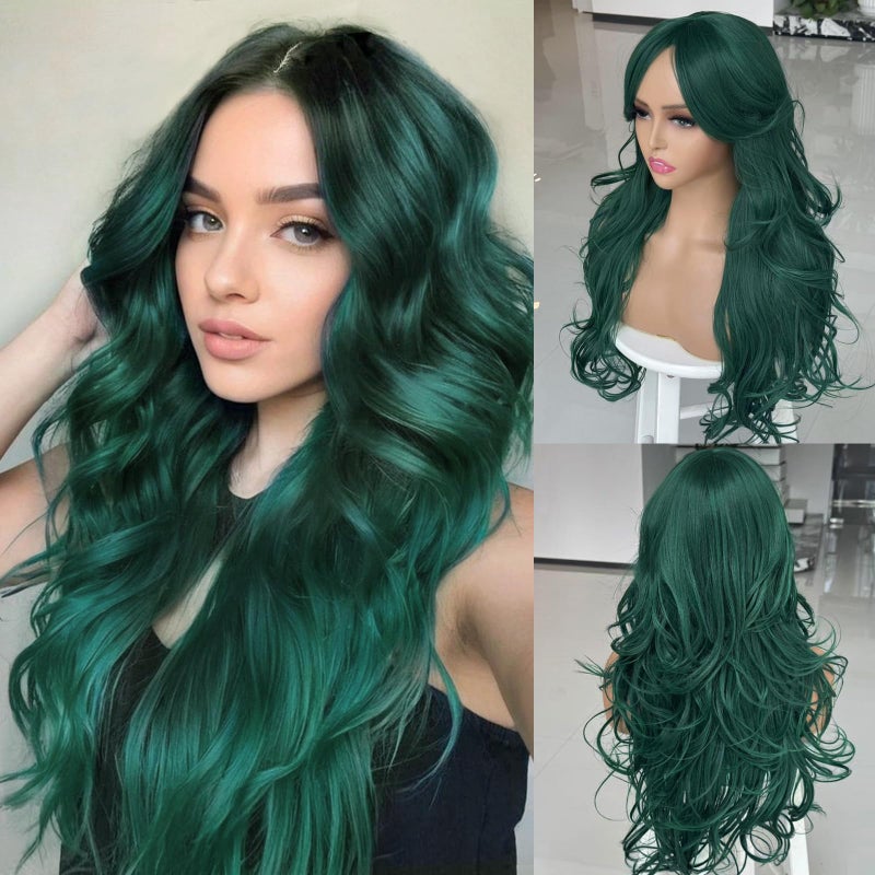 Aisaide Dark Green Wig Long Wavy Layered Green Wigs for Women Dark Curtain Bangs for Black Women Synthetic Layered Long Wavy Shaggy 24inch - Image 1