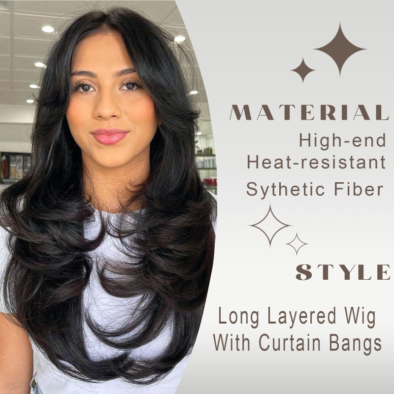 Aisaide Dark Green Wig Long Wavy Layered Green Wigs for Women Dark Curtain Bangs for Black Women Synthetic Layered Long Wavy Shaggy 24inch - Image 3