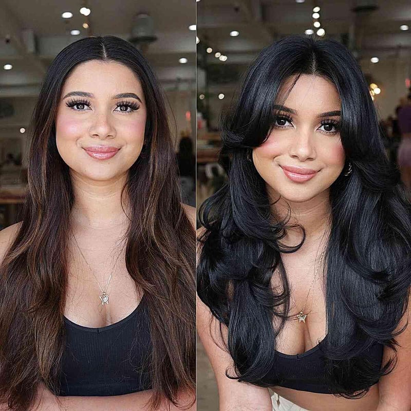 Aisaide Dark Green Wig Long Wavy Layered Green Wigs for Women Dark Curtain Bangs for Black Women Synthetic Layered Long Wavy Shaggy 24inch - Image 2